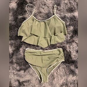 Olive Green Ruffle Bandeau Two-Piece Set with White Trim